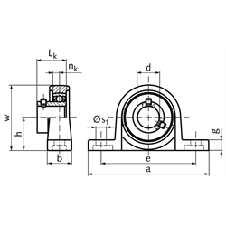 Kugel-Stehlager SSKP 001 Bohrung 12mm Gehäuse und Lager aus Edelstahl, Technische Zeichnung