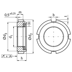 Nutmutter GUK 18 selbstsichernd Gewinde M90 x 2 Material Stahl verzinkt mit eingelegtem Klemmteil aus Polyamid, Technische Zeichnung