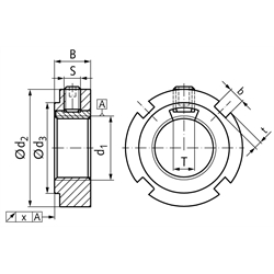 Nutmutter mit integrierter Sicherung KMK 12 Gewinde M60x2 , Technische Zeichnung