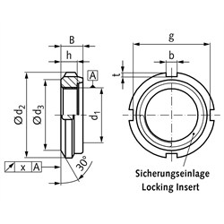 Nutmutter UW rostfrei mit Sicherungseinlage Gewinde M50x1,5 Edelstahl 1.4301 , Technische Zeichnung