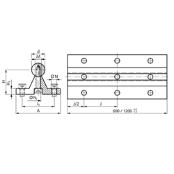 Präzisions-Wellenstahl mit Wellenunterstützung Ø 50h6 x 600mm lang , Technische Zeichnung