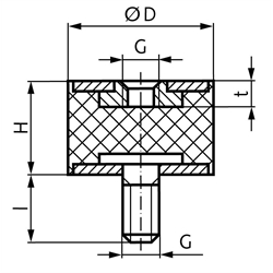 Metall-Gummipuffer MGA Durchmesser 8mm Höhe 8mm Gewinde M3 x 6mm Edelstahl 1.4301, Technische Zeichnung