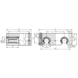 Offene Quadro-Linearlagereinheit KGQ-3-O ISO-Reihe 3 Premium mit Linear-Kugellagern mit Winkelausgleich mit Doppellippendichtung für Wellen-Ø 16mm, Technische Zeichnung