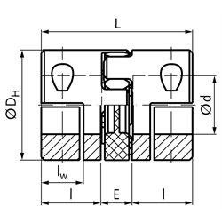 Elastische Kupplung RNH spielfrei Baugröße 48 Außendurchmesser 105mm Gesamtlänge 140mm Bohrung 40mm mit Zahnring 98° Shore rot, Technische Zeichnung