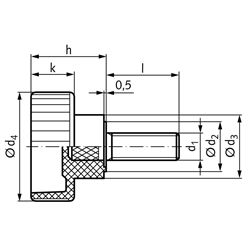 Rändelhohlschraube 421 M8 x 40mm lang Gewindestift Edelstahl , Technische Zeichnung