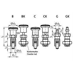 Rastbolzen 817 Form BK Bolzendurchmesser 5mm Edelstahl 1.4305 , Technische Zeichnung