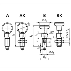 Rastbolzen 717 Form AK Bolzendurchmesser 3mm Gewinde M6x0,75 Edelstahl, Technische Zeichnung