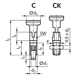 Rastbolzen 717 Form CK Bolzendurchmesser 8mm Gewinde M12 Edelstahl, Technische Zeichnung
