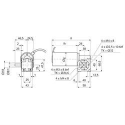 Schnecken-Kleingetriebemotor SG mit Gleichstrom-Permanentmagnetmotor 24V 56W n2=44/min i=68:1 Abtrieb Seite 2, Technische Zeichnung