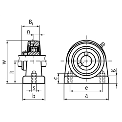 Kugelstehlager SS UCPA 204 Bohrung 20mm Gehäuse und Lager aus Edelstahl, Technische Zeichnung