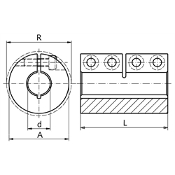 Geschlitzte Schalenkupplung MAS beidseitig Bohrung 14mm ohne Nut Stahl C45 brüniert mit Schrauben DIN 912-12.9 , Technische Zeichnung