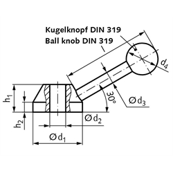 Schalterknebel 223 St Durchmesser 32mm Kugelknopf aus Kunststoff , Technische Zeichnung