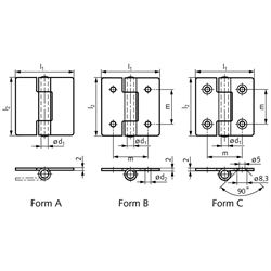 Blechscharnier M136 aus Edelstahl 1.4301, Form B, 40x40mm, Technische Zeichnung