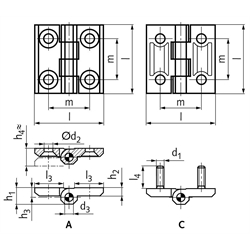 Scharnier M237 aus Edelstahl 1.4308, Form C, 40x40mm, Technische Zeichnung