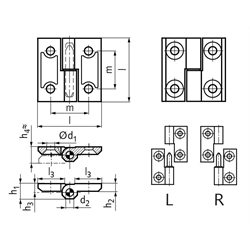 Scharnier M337 aus Zink-Druckguss, aushängbar, Form R, 40x40mm, Technische Zeichnung