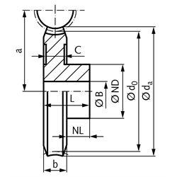 Schneckenrad aus Bronze Modul 0,5 20 Zähne 1-gängig rechts , Technische Zeichnung