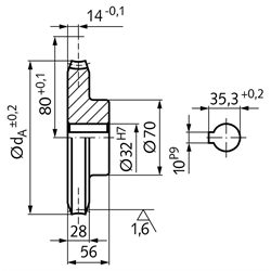 Präzisions-Schneckenrad Achsabstand 80mm i=20 40 Zähne , Technische Zeichnung