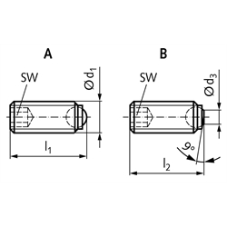 Kugeldruckschraube aus Stahl 12.9 brüniert Form B M20 x 40mm lang , Technische Zeichnung