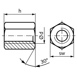 Sechskantmutter mit Trapezgewinde DIN 103 Tr.30 x 6 eingängig rechts Länge 45mm Schlüsselweite 46mm Stahl C35Pb , Technische Zeichnung