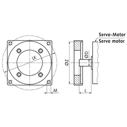 Motor-Adaption ZM/S Größe 40 bestehend aus Kupplung und Flansch mit Befestigungsschrauben für Wellen-Ø 24 x 50mm Zentrier-Ø 110mm Gewinde M8, Technische Zeichnung