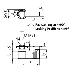 Sperrriegel 679 mit Außengewinde und Sechskantmutter, Technische Zeichnung