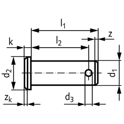 Bolzen mit Splintloch Größe 5 x 15 x 12,3 Edelstahl 1.4301; passend zu Gabelkopf 5 x 10 und 5 x 20, Technische Zeichnung