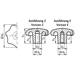 Sterngriff DIN 6336 aus Grauguss Ausführung E Durchmesser 80mm , Technische Zeichnung