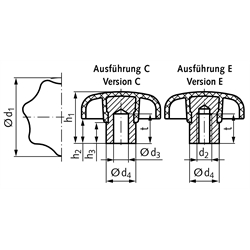 Sterngriff ähnlich DIN 6336 Ausführung C Bohrung 10H7 , Technische Zeichnung