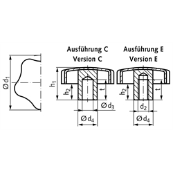 Sterngriff 5334 Edelstahl Ausführung E Gewinde M12 , Technische Zeichnung