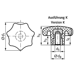 Sterngriff ähnlich DIN 6336 aus Kunststoff Ausführung K Durchmesser 80mm , Technische Zeichnung