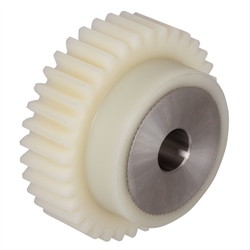 Stirnzahnrad aus Kunststoff PA12G weiß (naturfarben) mit Stahlkern Modul 2,5 18 Zähne Zahnbreite 25mm Außendurchmesser 50mm, Produktphoto