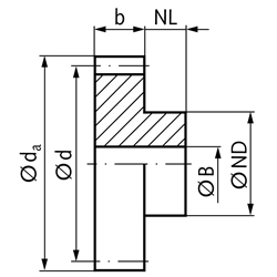 Stirnzahnrad aus 1.4305 mit Nabe Modul 2 30 Zähne Zahnbreite 16mm Außendurchmesser 64mm, Technische Zeichnung