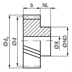 Stirnzahnrad aus Messing Ms58 mit Nabe Modul 0,3 20 Zähne Zahnbreite 5mm schräg verzahnt 20° rechtssteigend Außendurchmesser 7,4mm, Technische Zeichnung