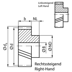 Stirnzahnrad aus C45 mit Nabe Modul 1 20 Zähne Zahnbreite 10mm schräg verzahnt 20° linkssteigend Außendurchmesser 23,3mm, Technische Zeichnung