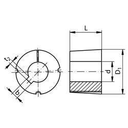 Taper-Spannbuchse 1108 Bohrung 12,7mm (1/2") Nutbreite 3,175mm Nuttiefe 1,588mm (1/8"x1/16"), Technische Zeichnung