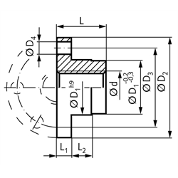 Einbaufertige Flanschmutter EFM lang mit Trapezgewinde DIN 103 Tr.16x4 eingängig rechts Rotguss RG7, Technische Zeichnung