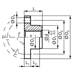 Einbaufertige Flanschmutter mit Trapezgewinde DIN 103 Tr. 20 x 8 P4 zweigängig rechts Rotguss Rg7, Technische Zeichnung