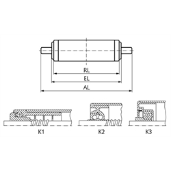 Tragrolle K1 Kunststoff blau Ø=30mm RL=200mm EL=205mm AL=225mm Federachse, Technische Zeichnung