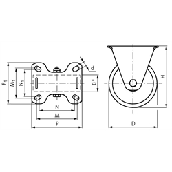 Schwerlast-Transportrolle mit Lochplatte PU-Bandage Aluminiumrad Bockrolle Rad-Ø 125, Technische Zeichnung