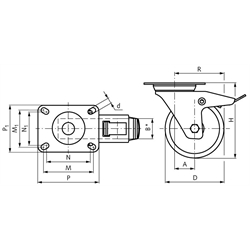 Super-Schwerlast-Transportrolle mit Lochplatte PU-Bandage Gusseisenrad Lenkrolle mit Feststeller Rad-Ø 125, Technische Zeichnung