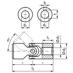 Präzisions-Wellengelenk WE DIN808 einfach Bohrung 22H7 Material Stahl Gesamtlänge 95mm Außendurchmesser 47mm, Technische Zeichnung