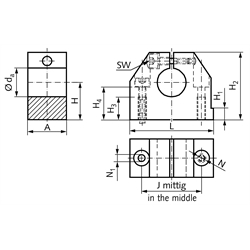 Präzisions-Wellenbock GW-3 ISO-Reihe 3 für Wellendurchmesser 20mm, Technische Zeichnung