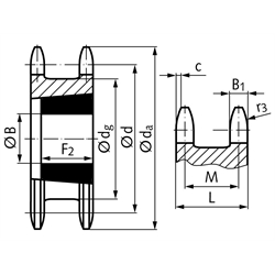 Doppel-Kettenrad ZRET für 2 Einfach-Rollenketten 16 B-1 1"x17,02mm 23 Zähne Material Stahl für Taper-Spannbuchse 3525, Technische Zeichnung
