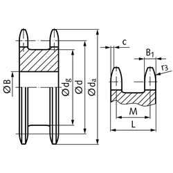 Doppel-Kettenrad ZREG für 2 Einfach-Rollenketten 10 B-1 5/8x3/8" 20 Zähne Material Stahl Zähne gehärtet, Technische Zeichnung