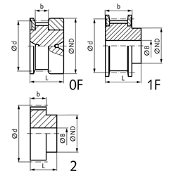 Zahnriemenrad aus Aluminium Profil T2,5 36 Zähne für Riemenbreite 6mm 16 T2,5/36-2 , Technische Zeichnung