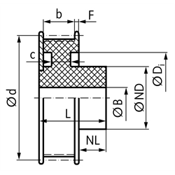 Zahnriemenrad aus Polyacetal gespritzt Profil T2,5 14 Zähne für Riemenbreite 6mm , Technische Zeichnung