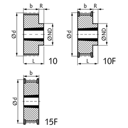 HTD-Zahnriemenrad Teilung 5M 90 Zähne für Riemenbreite 15mm für Taper-Spannbuchse 1610 b=22mm, L=25mm, R=3mm, Technische Zeichnung