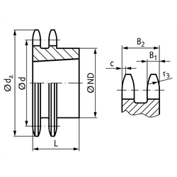 Zweifach-Kettenrad ZRT 12 B-2 3/4x7/16" 21 Zähne Material Stahl für Taper-Spannbuchse Typ 2517 , Technische Zeichnung