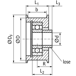 Spannrolle Umlenkrolle TS Laufflächendurchmesser 30mm Laufflächenbreite 28mm mit lose beiliegender Distanzbuchse für die Montage, Technische Zeichnung