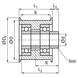 Spannrolle Umlenkrolle TS Laufflächendurchmesser 80mm Laufflächenbreite 28mm mit lose beiliegender Distanzbuchse für die Montage, Technische Zeichnung